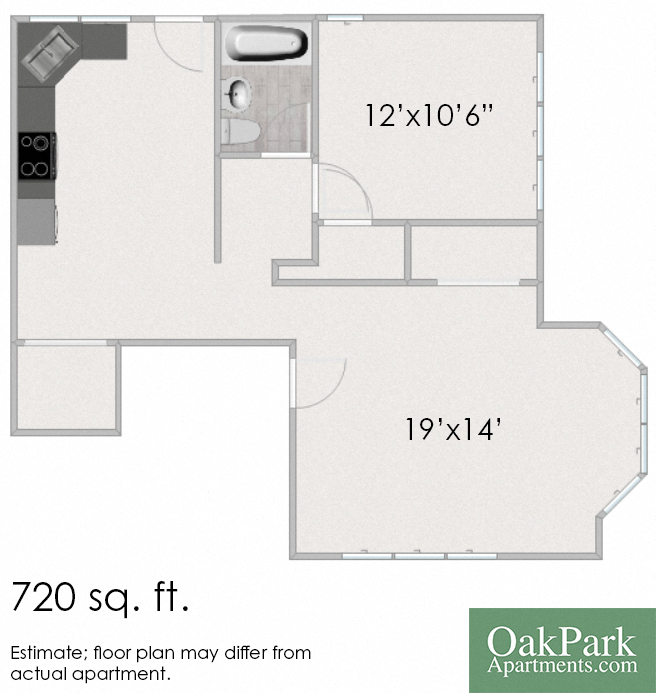 Floor plan for 1 bed, 1 bath, 718 sqft